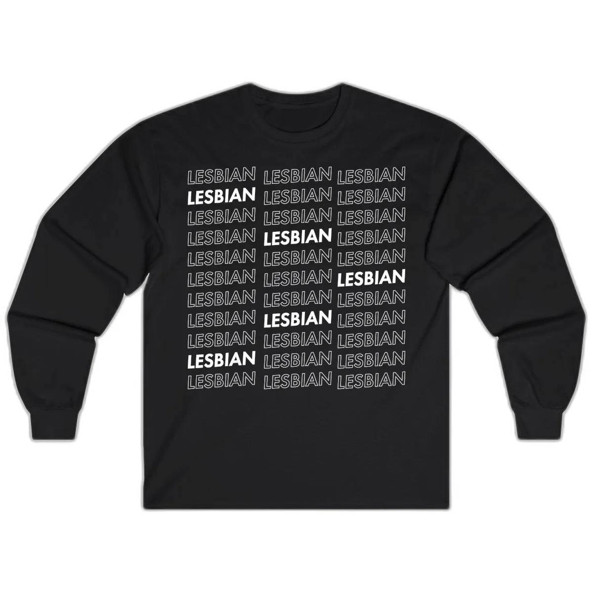 Repeating pattern of the word LESBIAN in bold white and outlined text on gray background for lesbian pride in Black