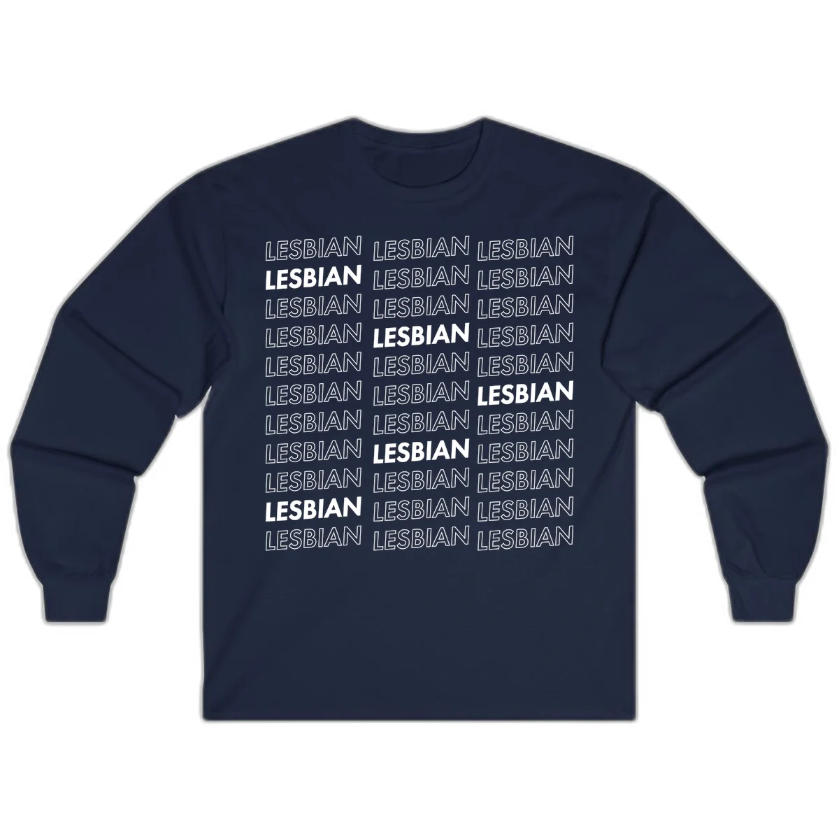 Repeating pattern of the word LESBIAN in bold white and outlined text on gray background for lesbian pride in Navy