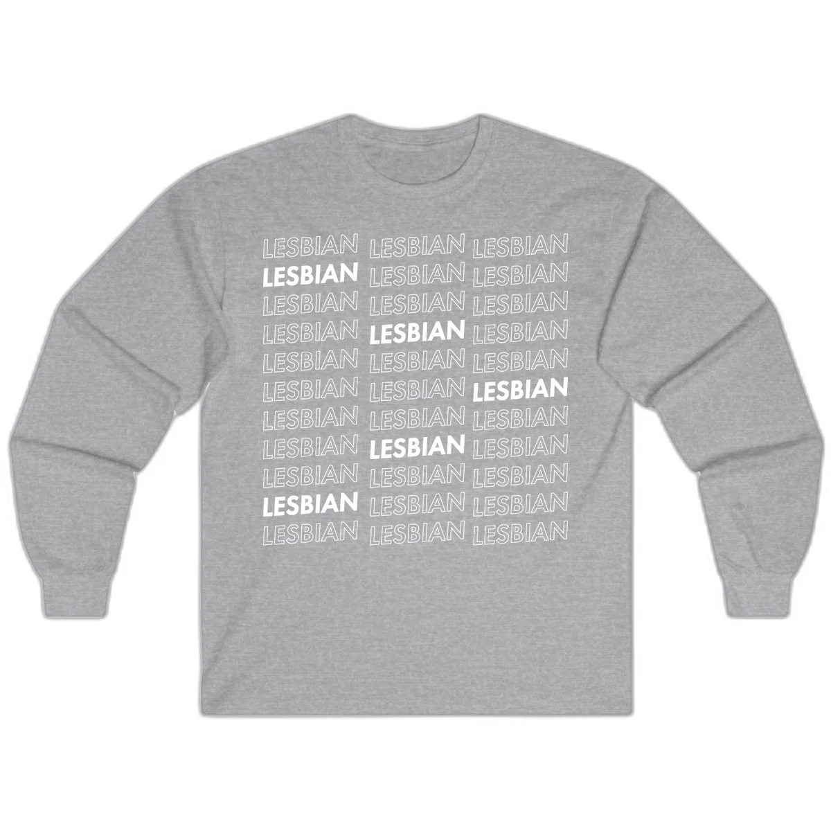 Repeating pattern of the word LESBIAN in bold white and outlined text on gray background for lesbian pride in Sport Grey