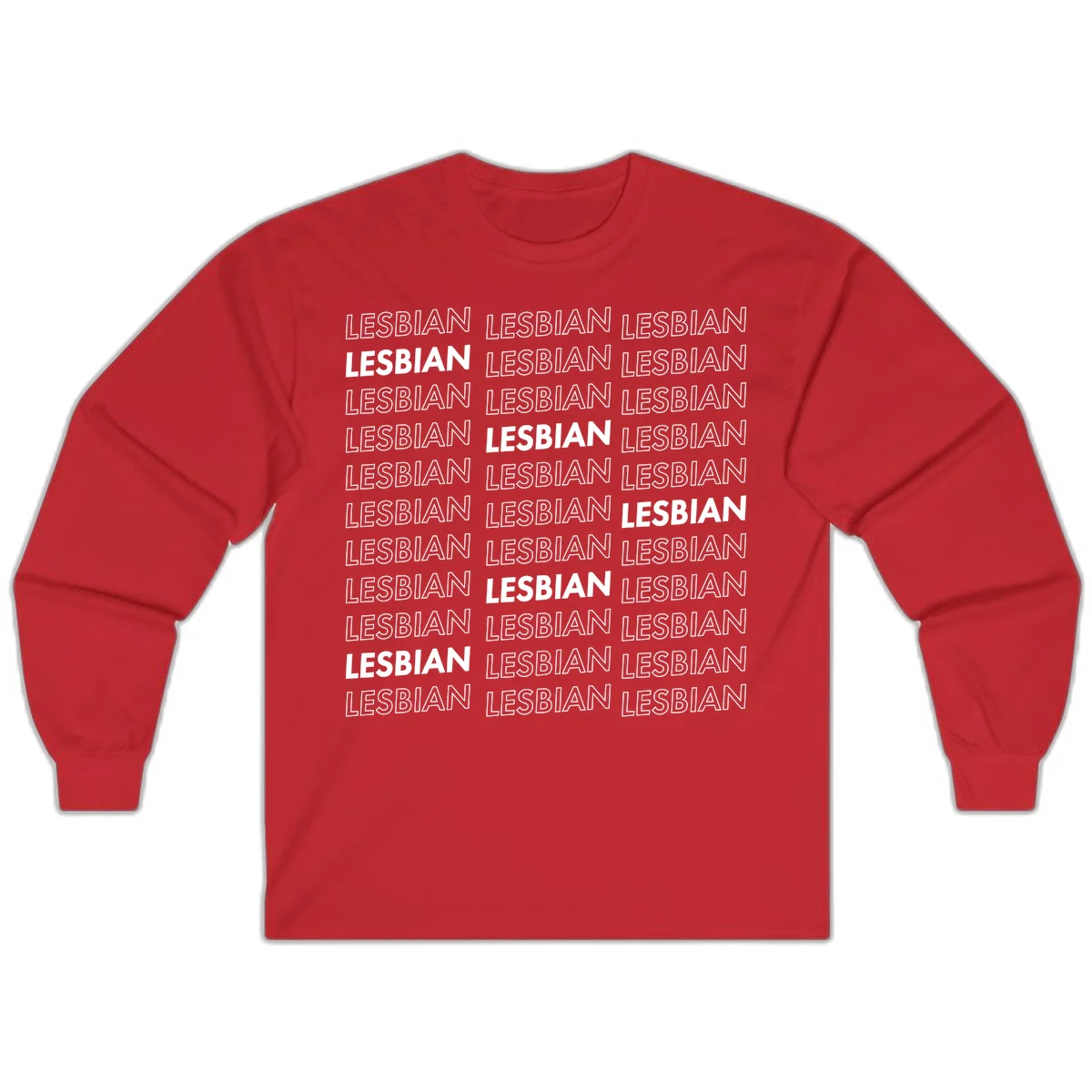 Repeating pattern of the word LESBIAN in bold white and outlined text on gray background for lesbian pride in Red