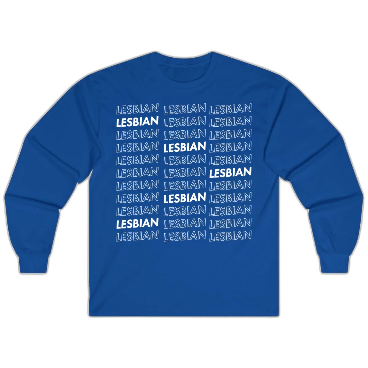Repeating pattern of the word LESBIAN in bold white and outlined text on gray background for lesbian pride in Royal