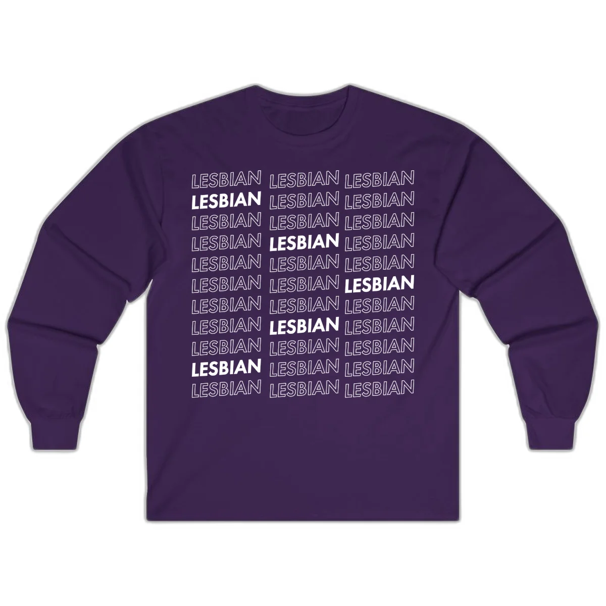 Repeating pattern of the word LESBIAN in bold white and outlined text on gray background for lesbian pride in Purple