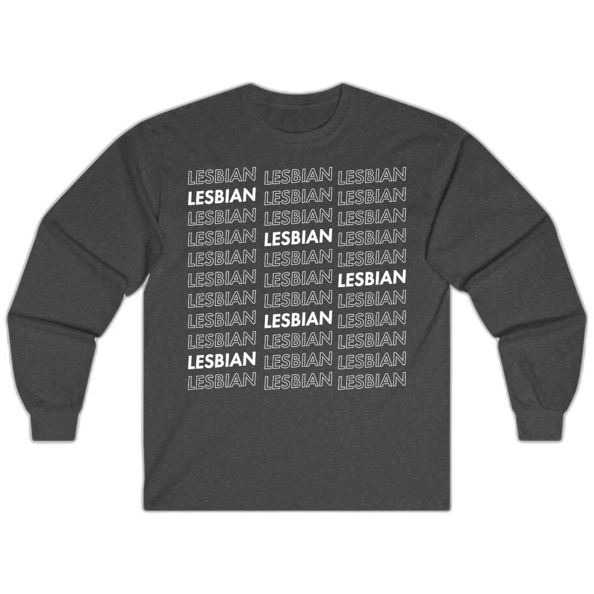 Repeating pattern of the word LESBIAN in bold white and outlined text on gray background for lesbian pride in Dark Heather