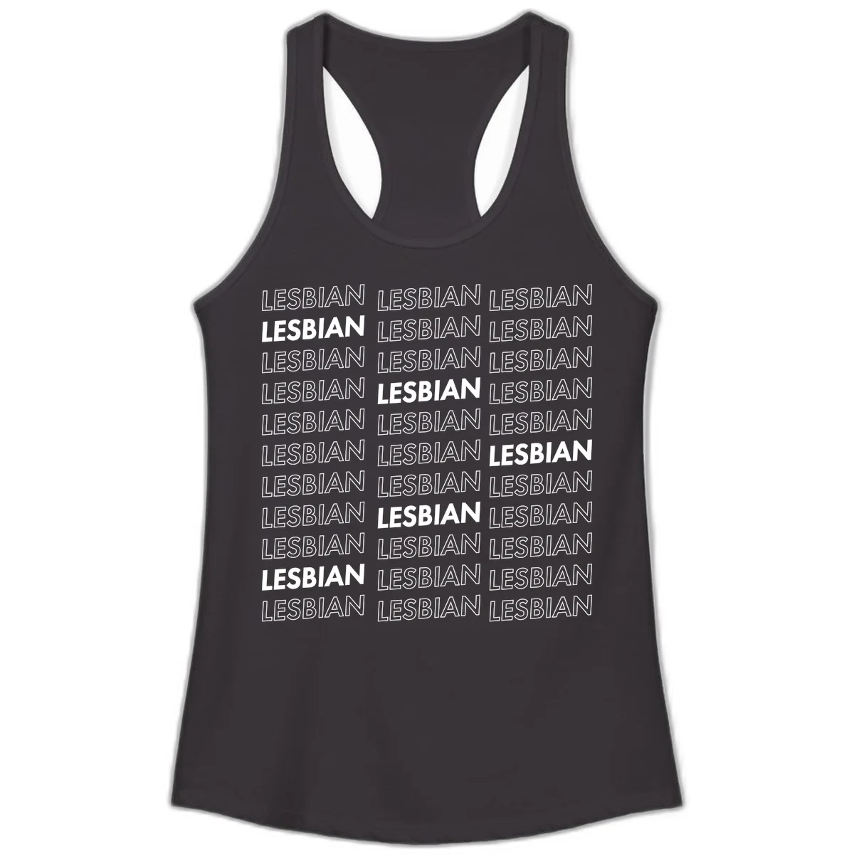 Repeating pattern of the word LESBIAN in bold white and outlined text on gray background for lesbian pride in Black