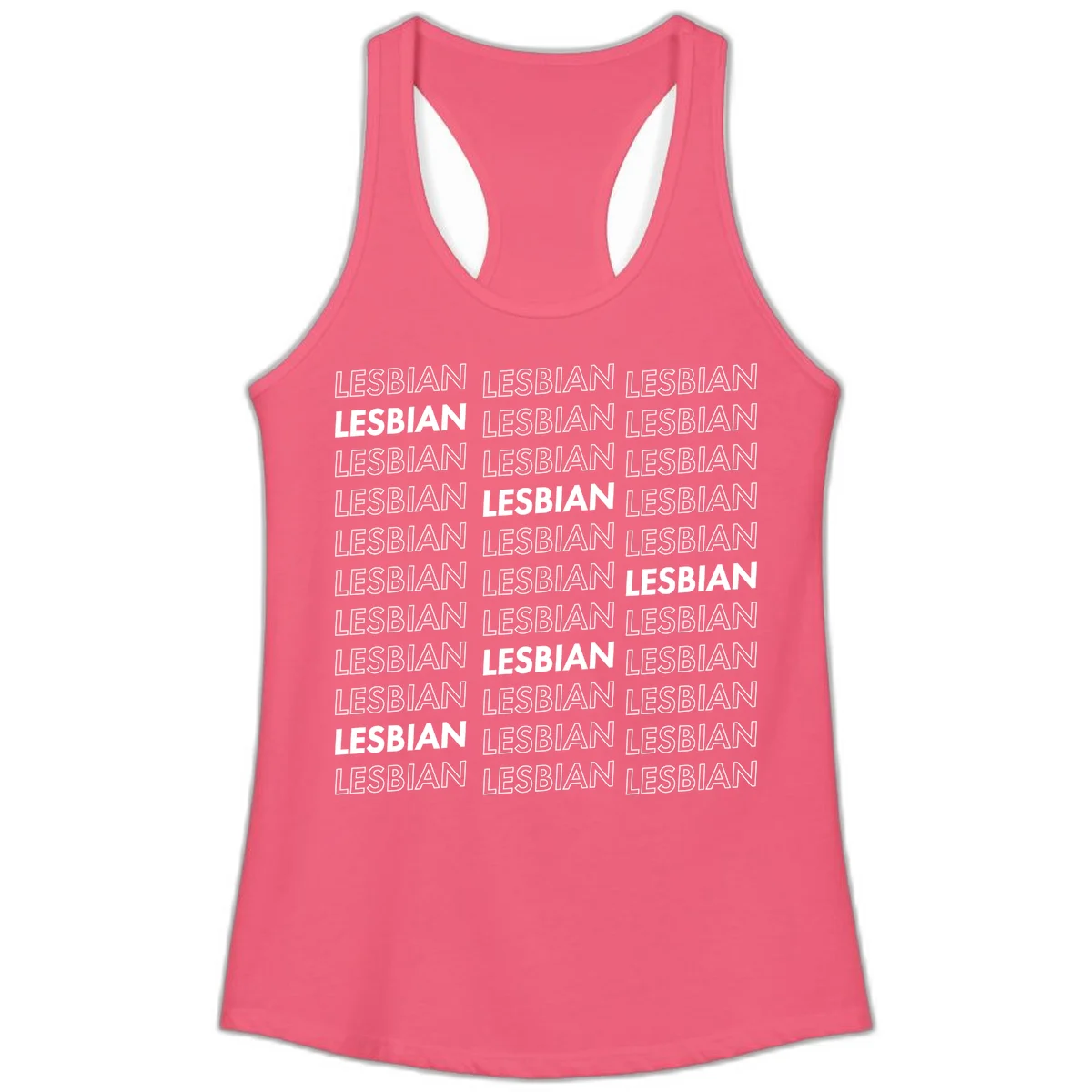 Repeating pattern of the word LESBIAN in bold white and outlined text on gray background for lesbian pride in Hot Pink