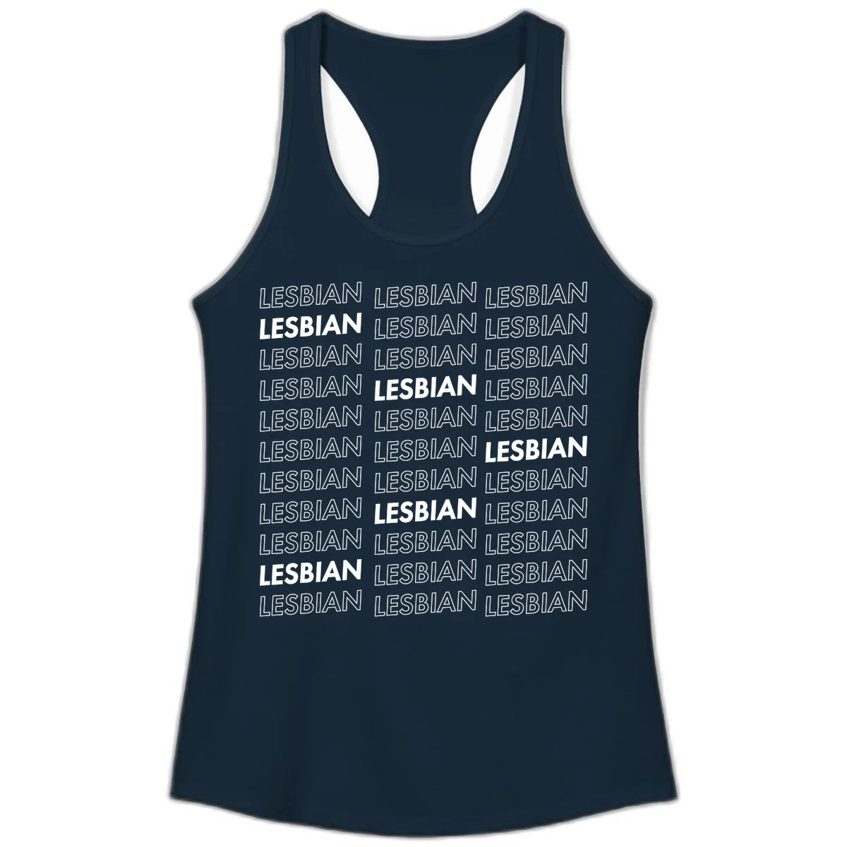 Repeating pattern of the word LESBIAN in bold white and outlined text on gray background for lesbian pride in Solid Midnight Navy