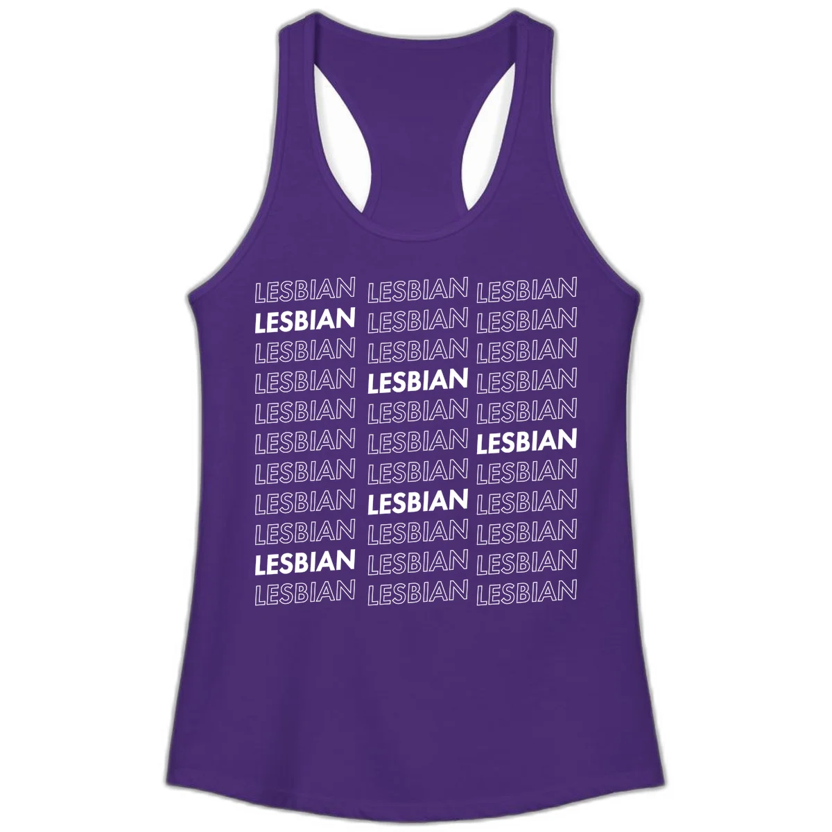 Repeating pattern of the word LESBIAN in bold white and outlined text on gray background for lesbian pride in Solid Purple Rush