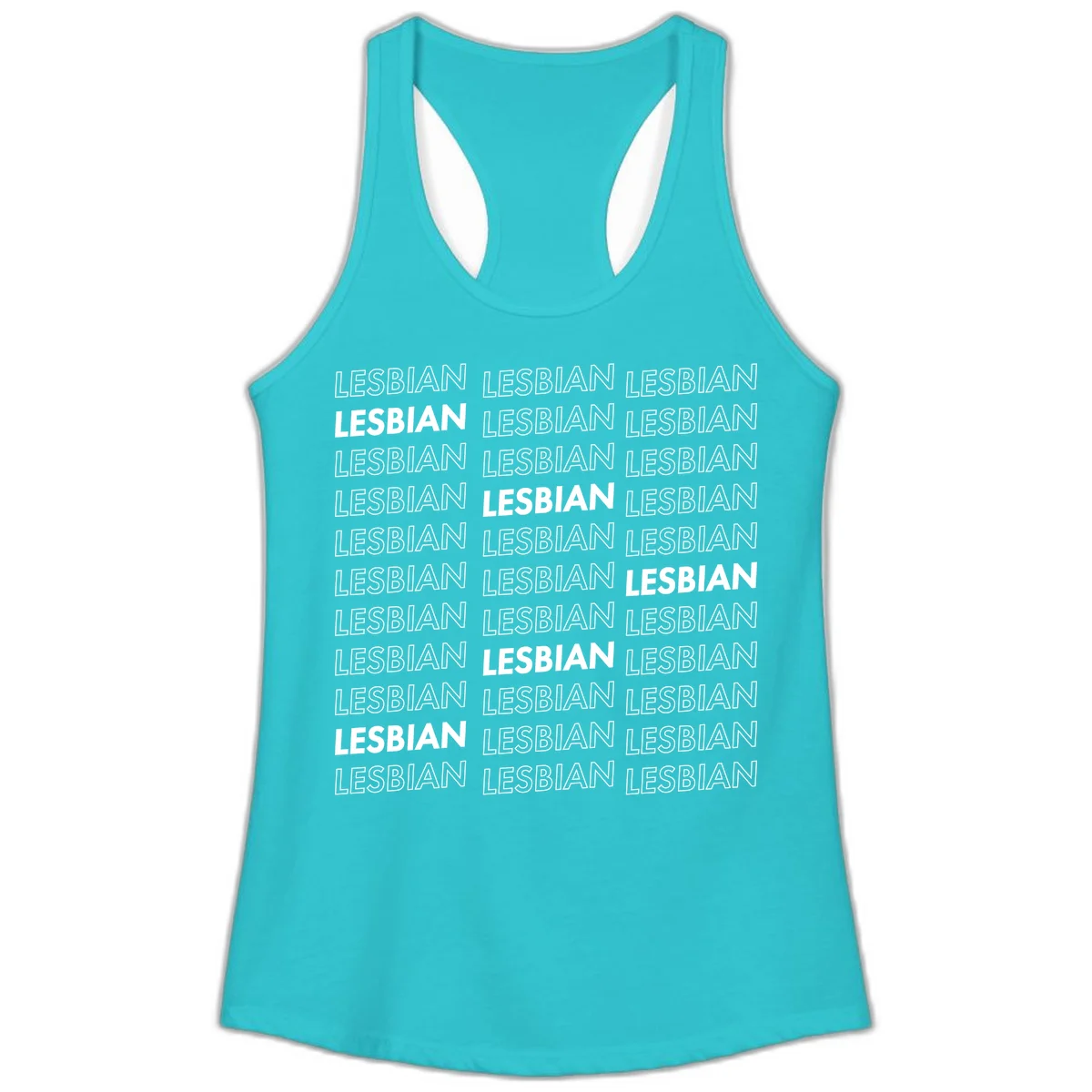 Repeating pattern of the word LESBIAN in bold white and outlined text on gray background for lesbian pride in Solid Tahiti Blue