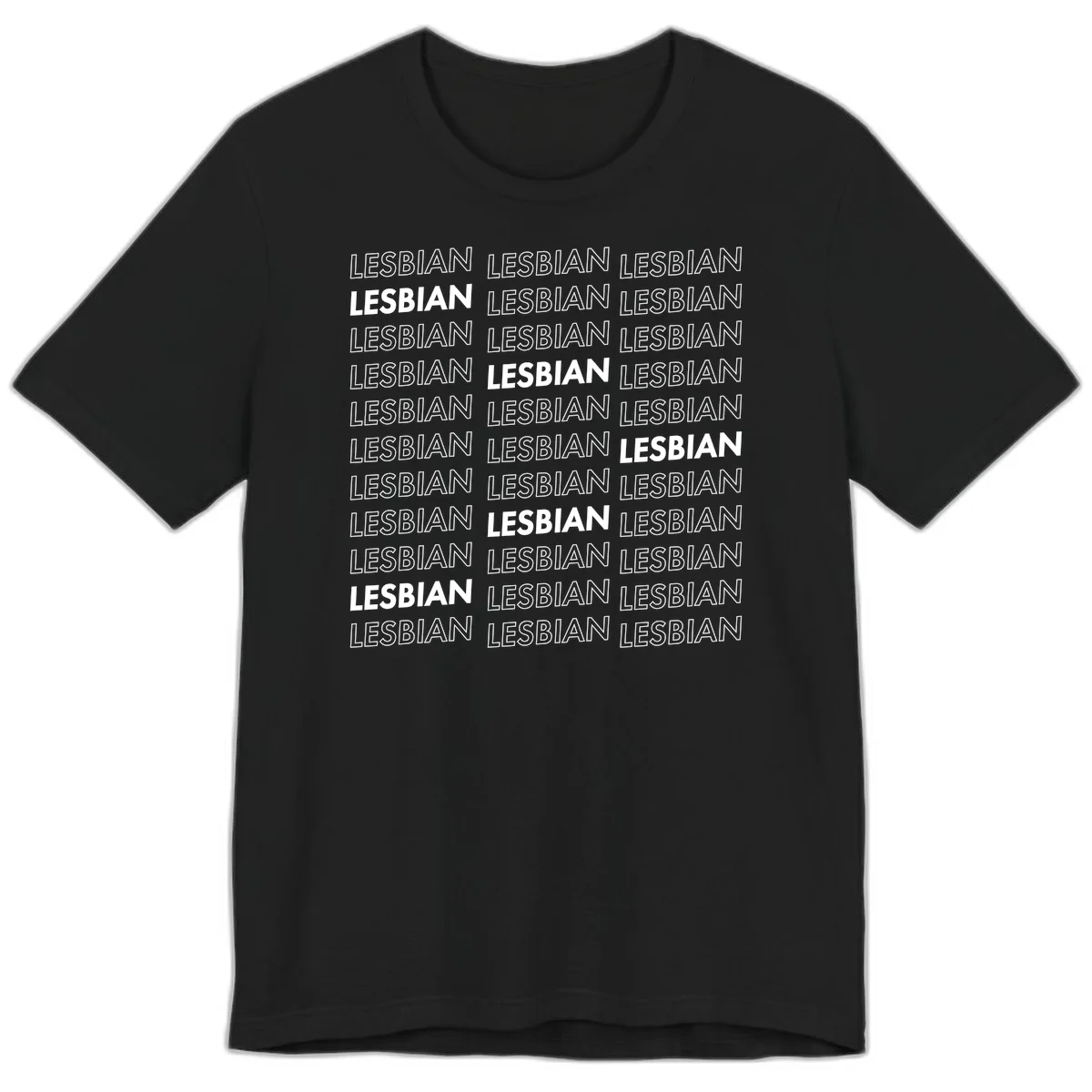 Repeating pattern of the word LESBIAN in bold white and outlined text on gray background for lesbian pride in Black