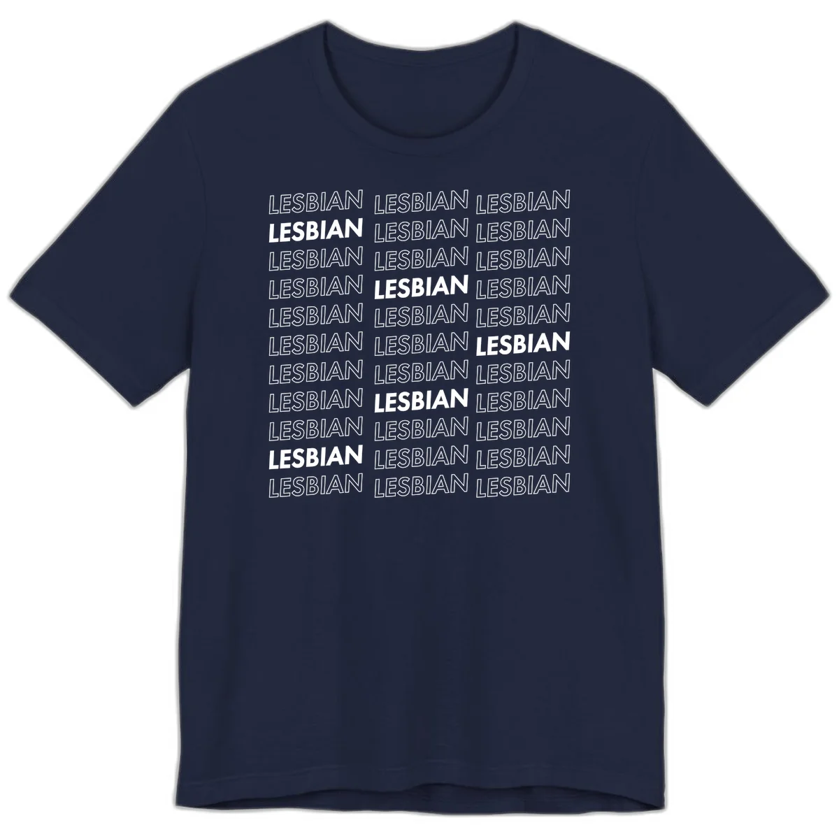 Repeating pattern of the word LESBIAN in bold white and outlined text on gray background for lesbian pride in Navy