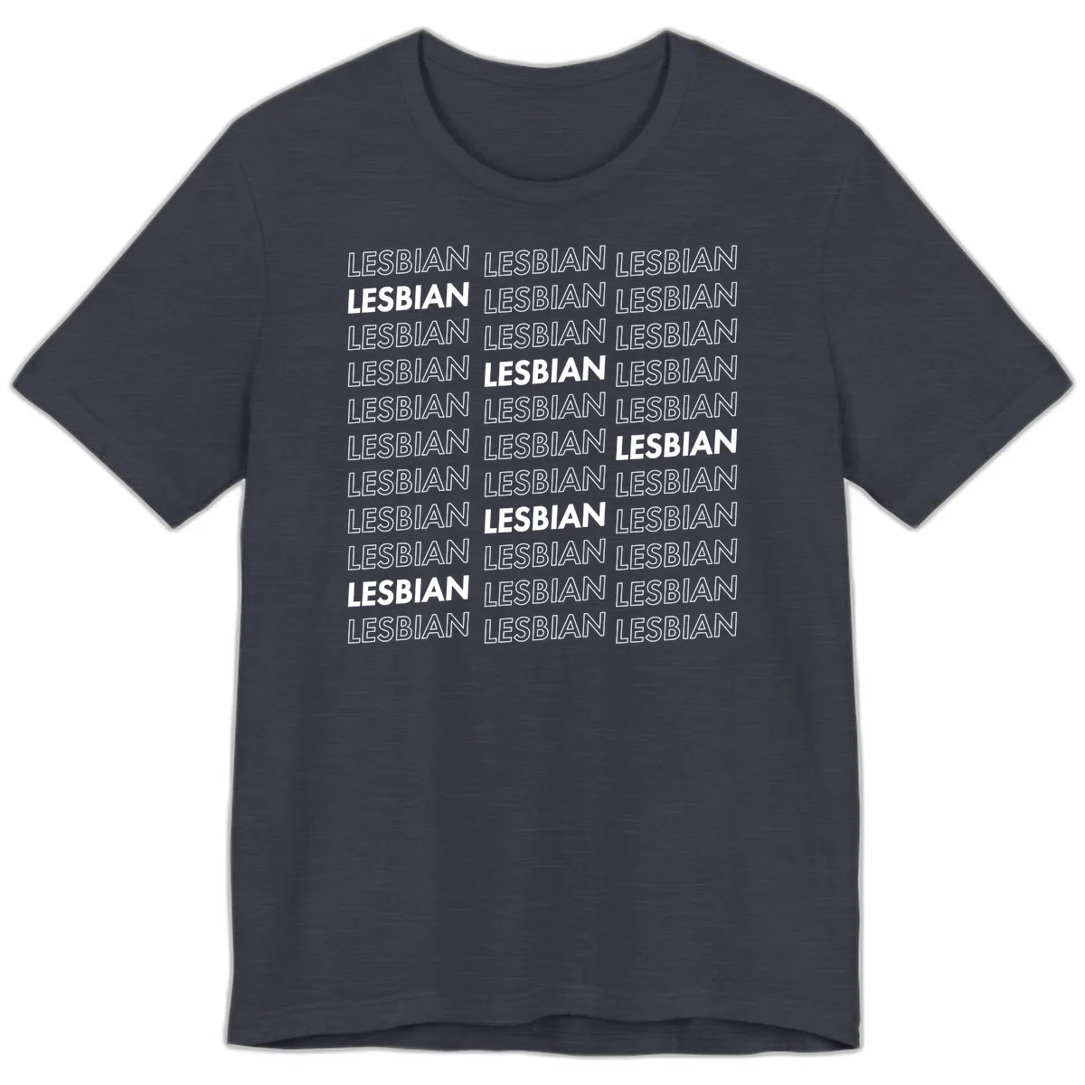 Repeating pattern of the word LESBIAN in bold white and outlined text on gray background for lesbian pride in Heather Midnight Navy