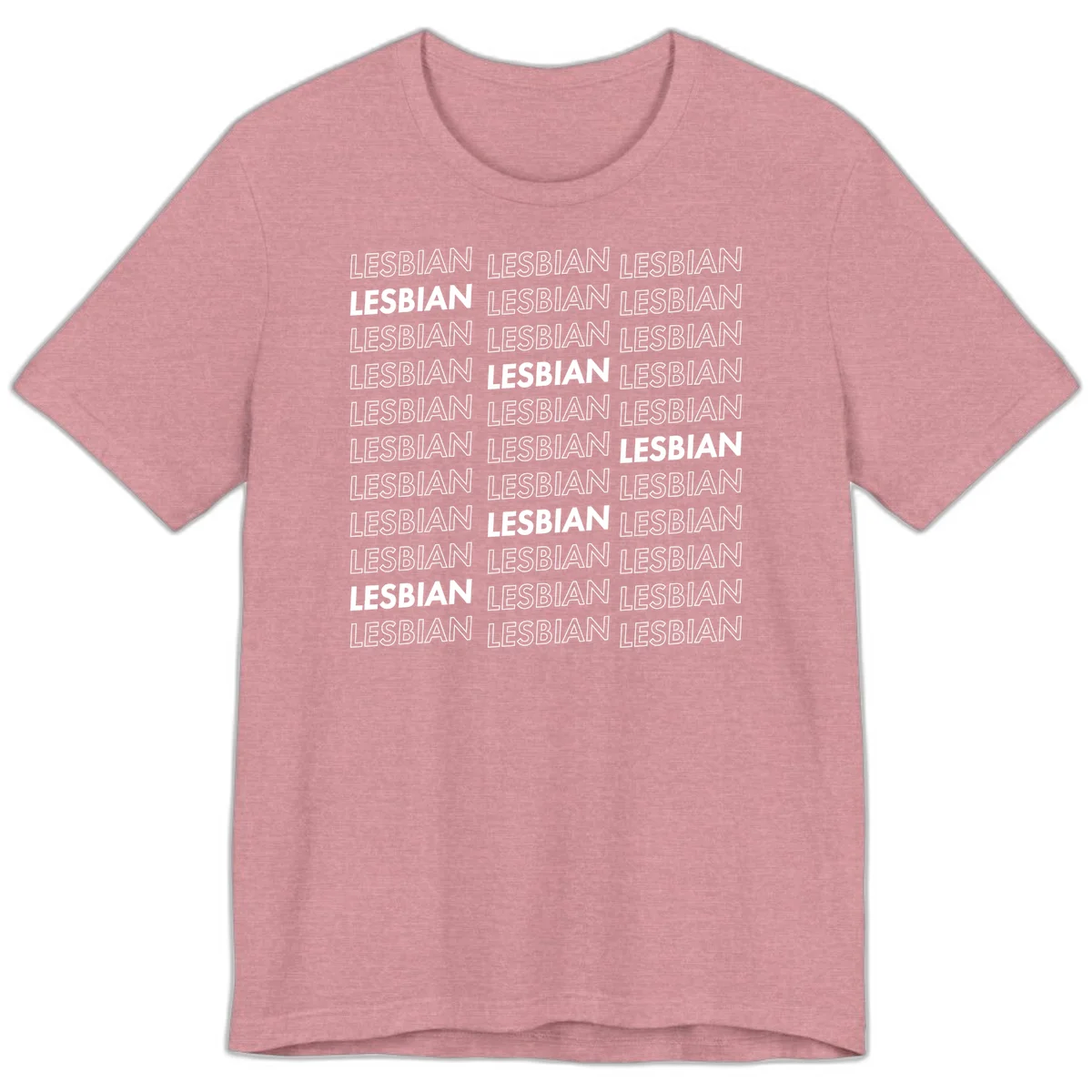 Repeating pattern of the word LESBIAN in bold white and outlined text on gray background for lesbian pride in Heather Orchid