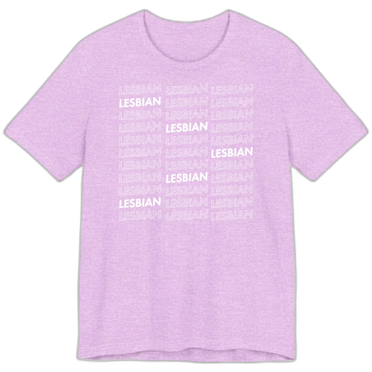 Repeating pattern of the word LESBIAN in bold white and outlined text on gray background for lesbian pride in Heather Prism Lilac