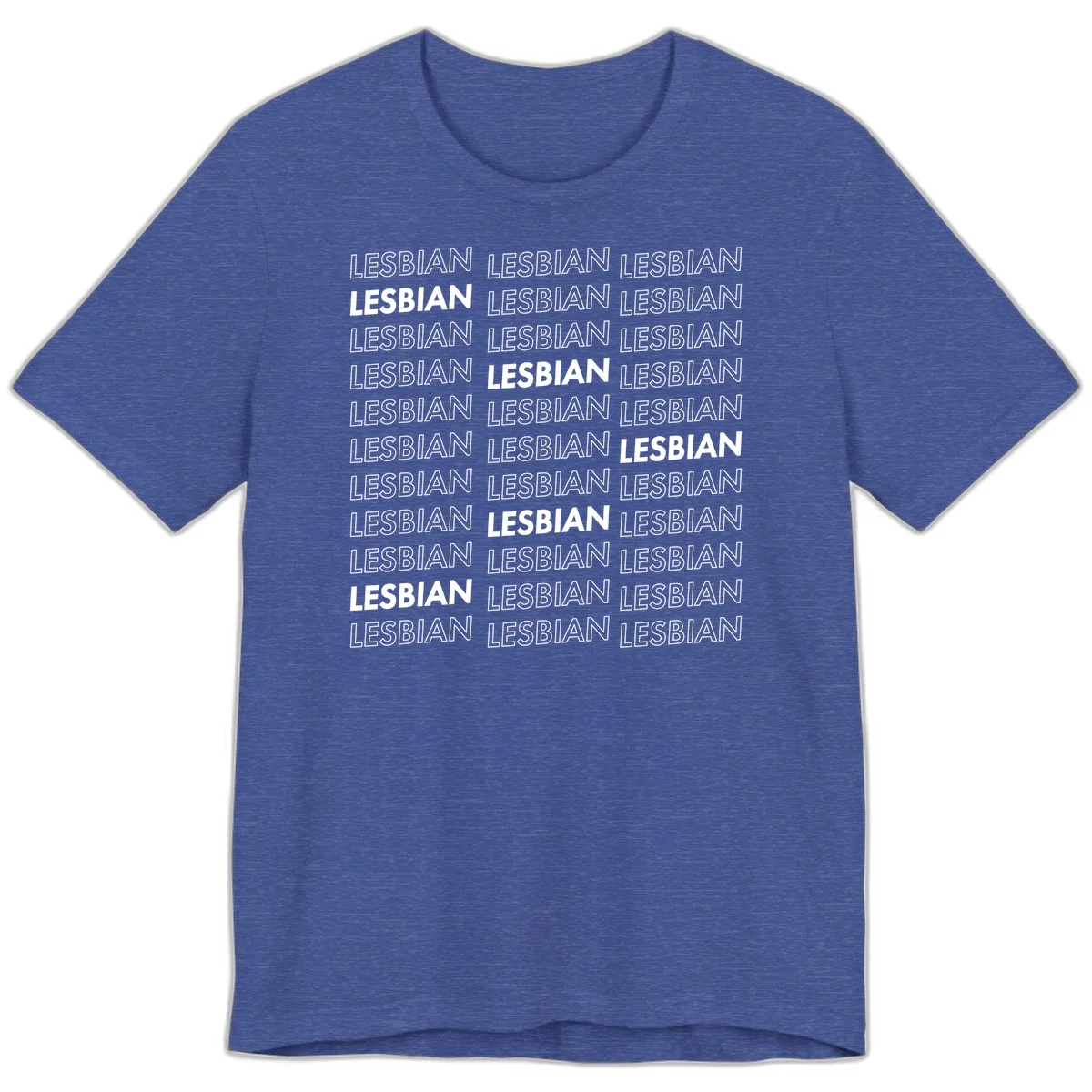Repeating pattern of the word LESBIAN in bold white and outlined text on gray background for lesbian pride in Heather True Royal