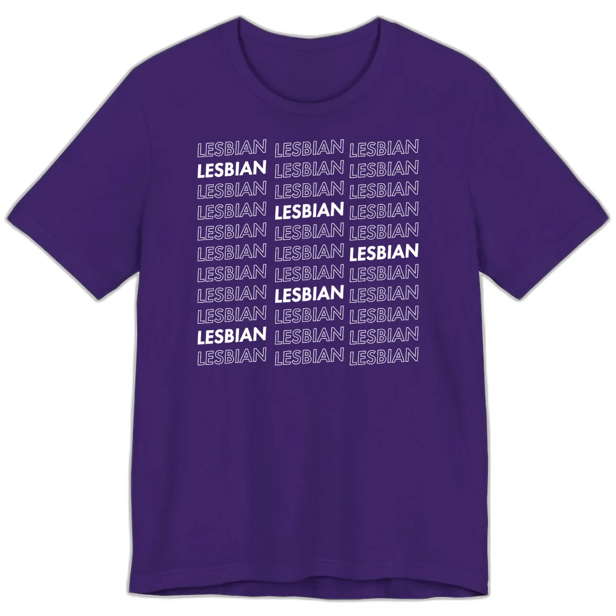 Repeating pattern of the word LESBIAN in bold white and outlined text on gray background for lesbian pride in Team Purple