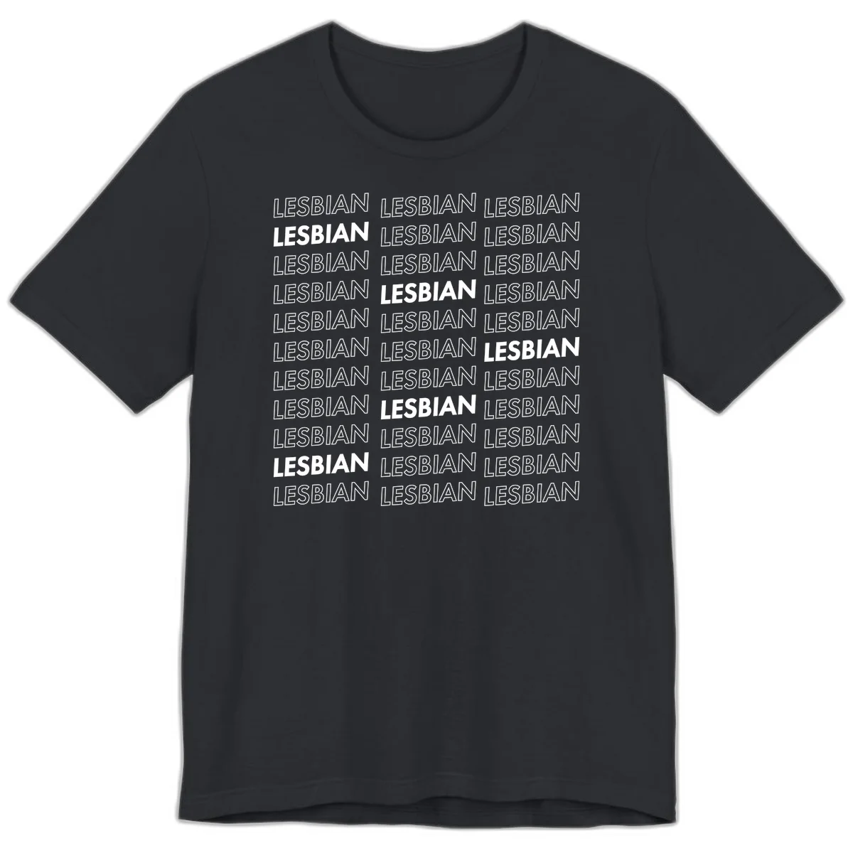 Repeating pattern of the word LESBIAN in bold white and outlined text on gray background for lesbian pride in Vintage Black