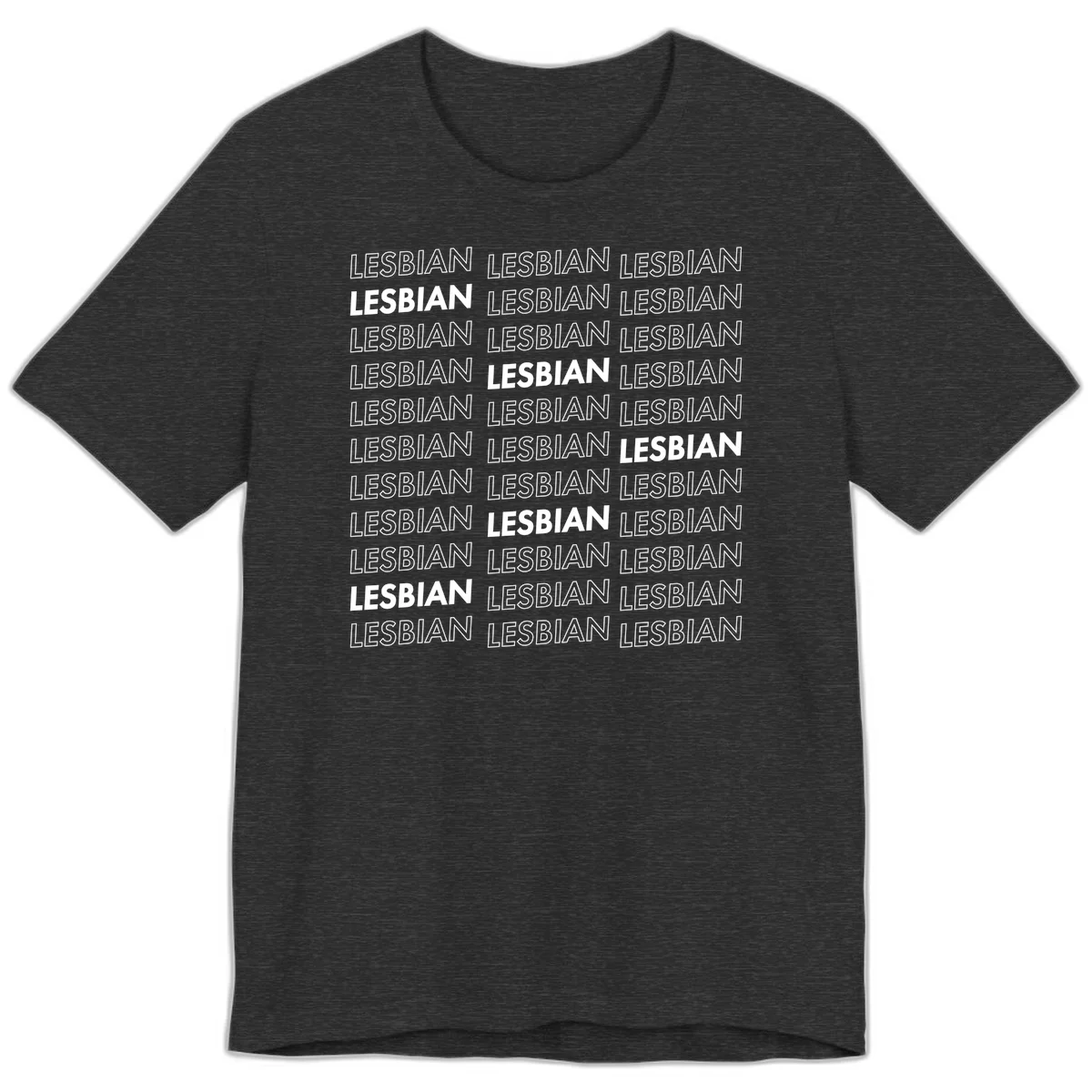 Repeating pattern of the word LESBIAN in bold white and outlined text on gray background for lesbian pride in Dark Grey Heather