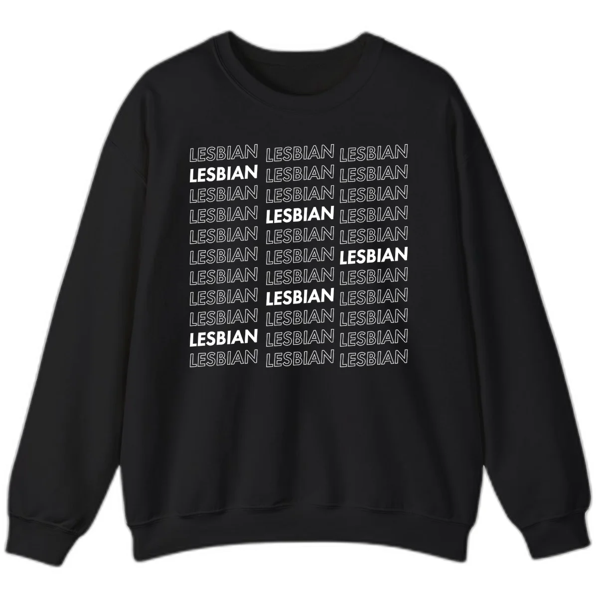 Repeating pattern of the word LESBIAN in bold white and outlined text on gray background for lesbian pride in Black