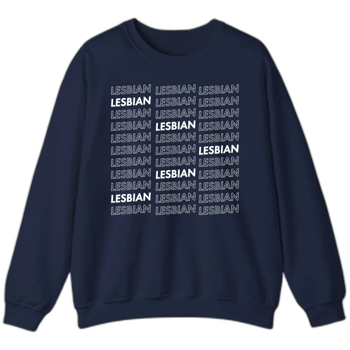 Repeating pattern of the word LESBIAN in bold white and outlined text on gray background for lesbian pride in Navy