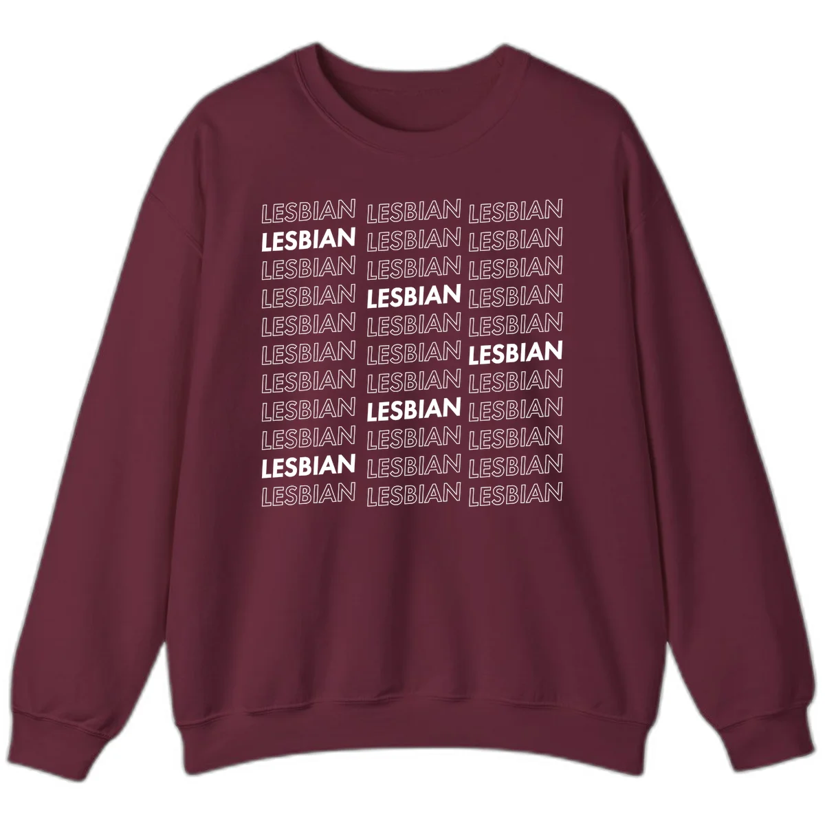 Repeating pattern of the word LESBIAN in bold white and outlined text on gray background for lesbian pride in Maroon