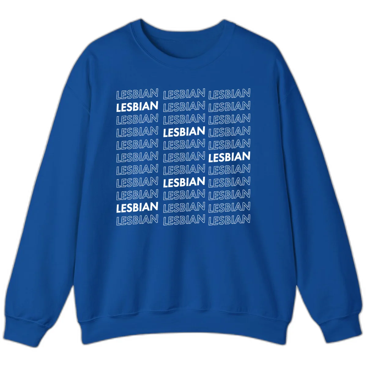 Repeating pattern of the word LESBIAN in bold white and outlined text on gray background for lesbian pride in Royal