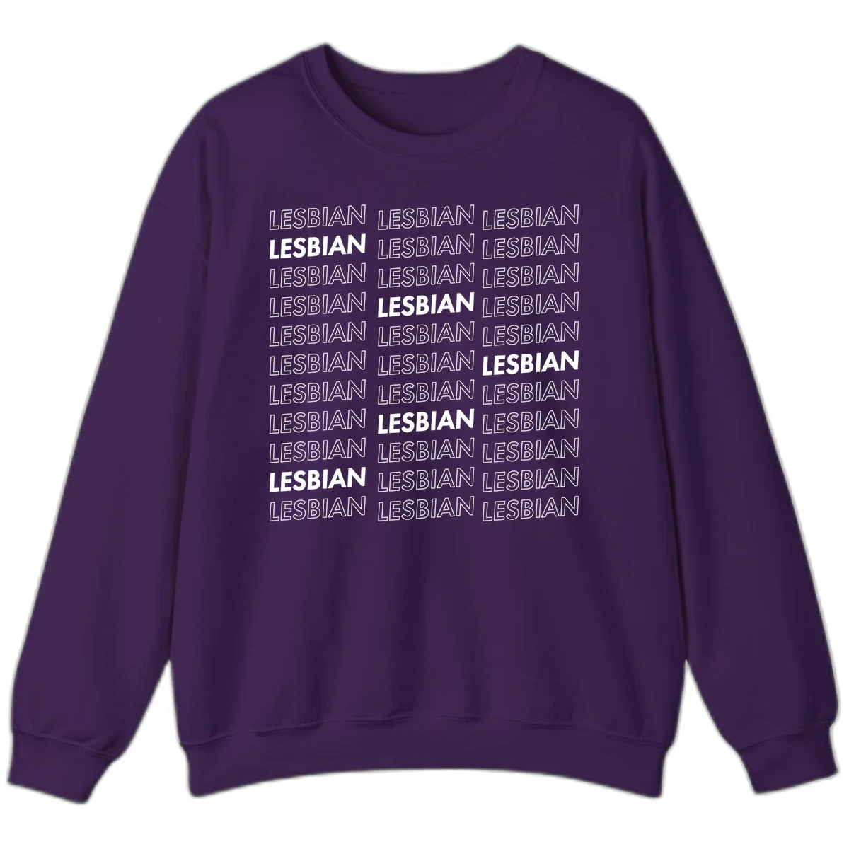Repeating pattern of the word LESBIAN in bold white and outlined text on gray background for lesbian pride in Purple