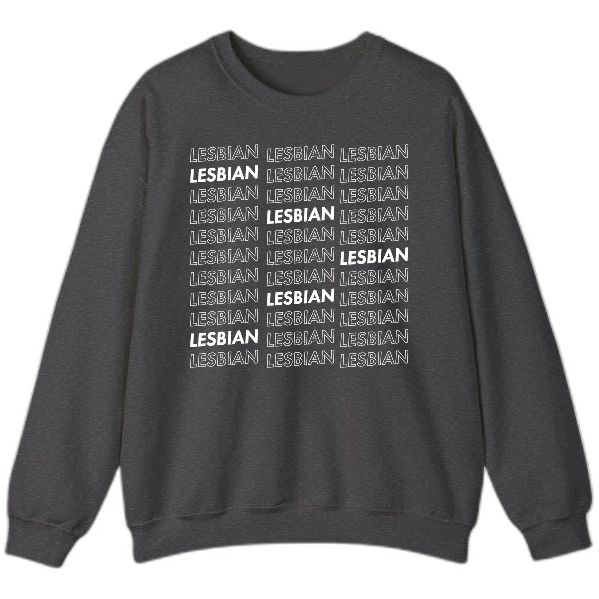Repeating pattern of the word LESBIAN in bold white and outlined text on gray background for lesbian pride in Dark Heather