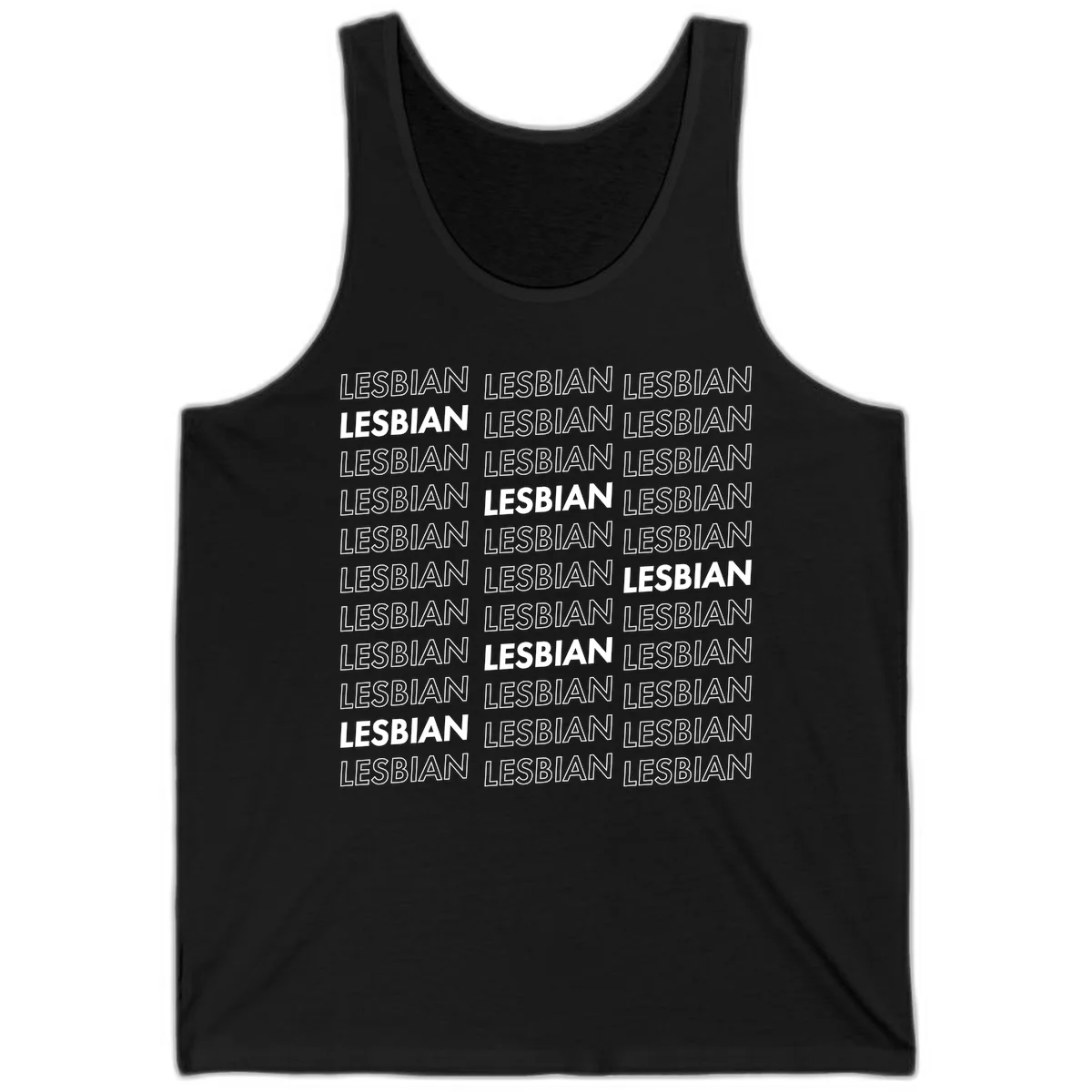 Repeating pattern of the word LESBIAN in bold white and outlined text on gray background for lesbian pride in Black