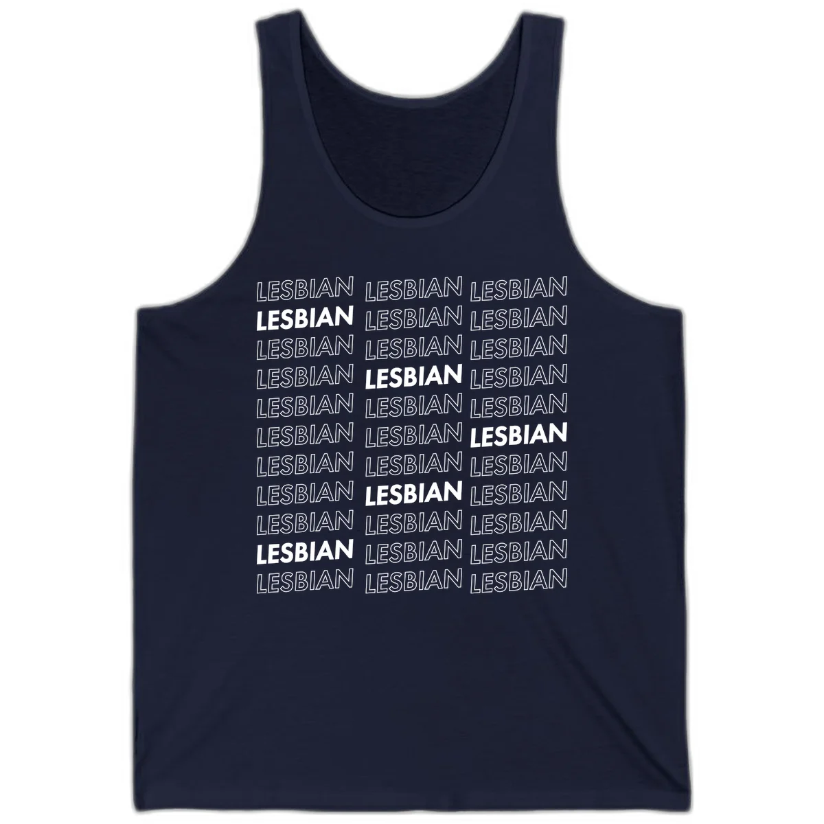 Repeating pattern of the word LESBIAN in bold white and outlined text on gray background for lesbian pride in Navy