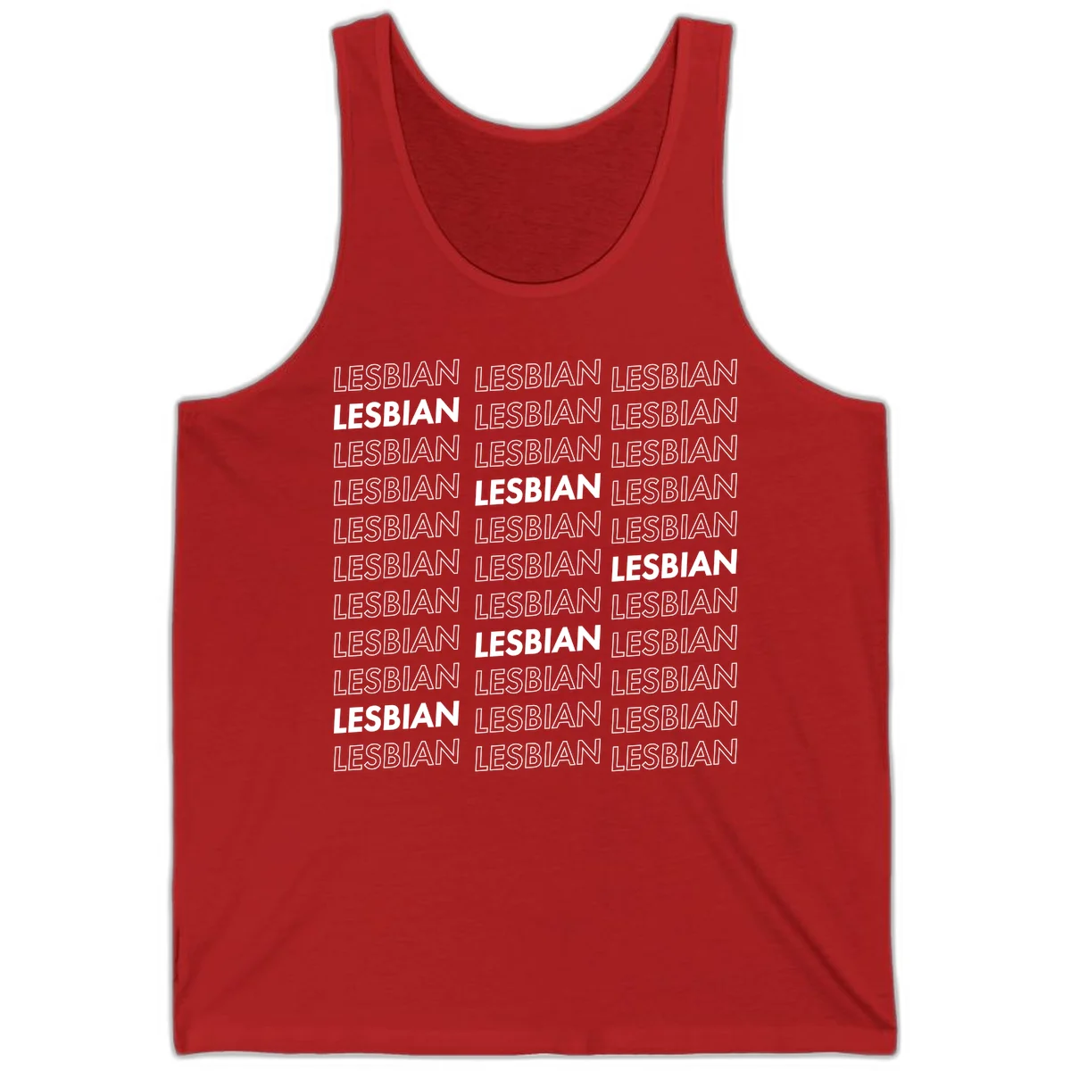 Repeating pattern of the word LESBIAN in bold white and outlined text on gray background for lesbian pride in Red