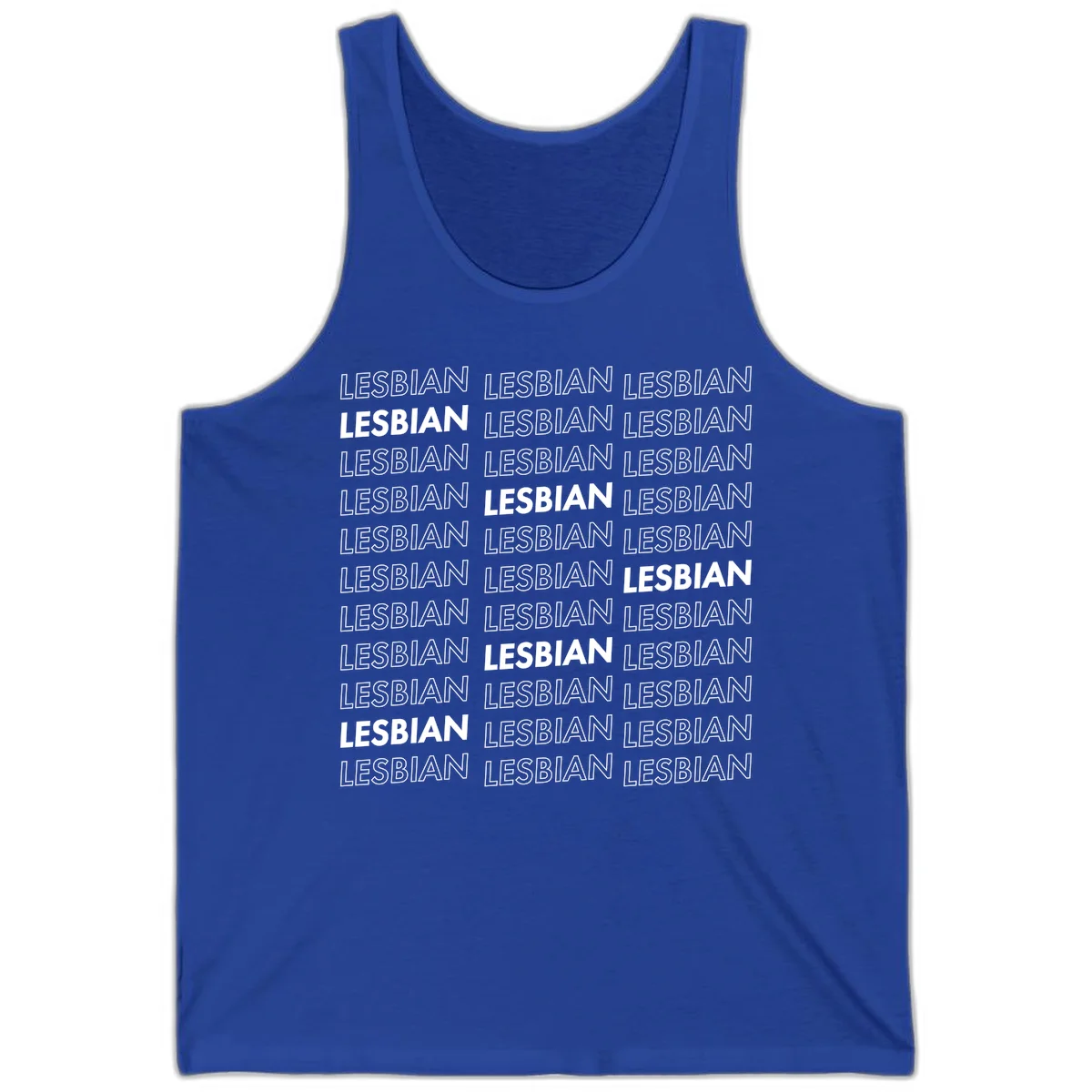 Repeating pattern of the word LESBIAN in bold white and outlined text on gray background for lesbian pride in True Royal