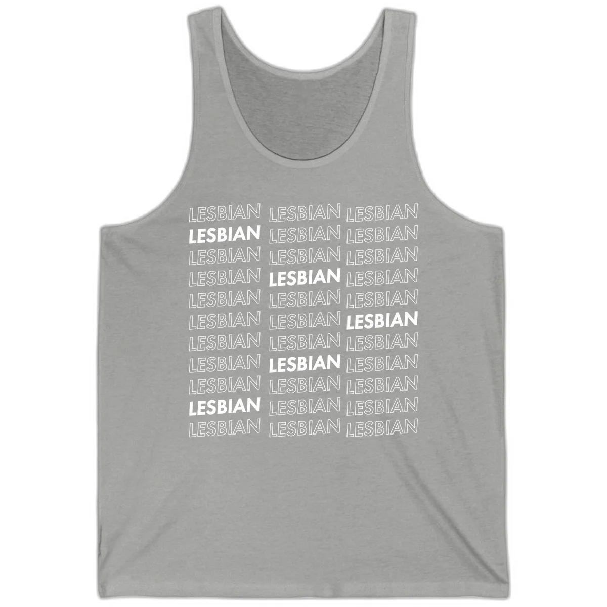 Repeating pattern of the word LESBIAN in bold white and outlined text on gray background for lesbian pride in Athletic Heather