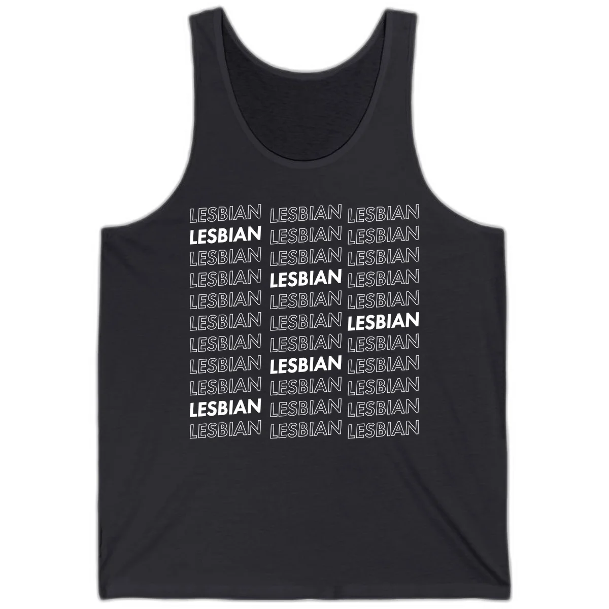Repeating pattern of the word LESBIAN in bold white and outlined text on gray background for lesbian pride in Dark Grey