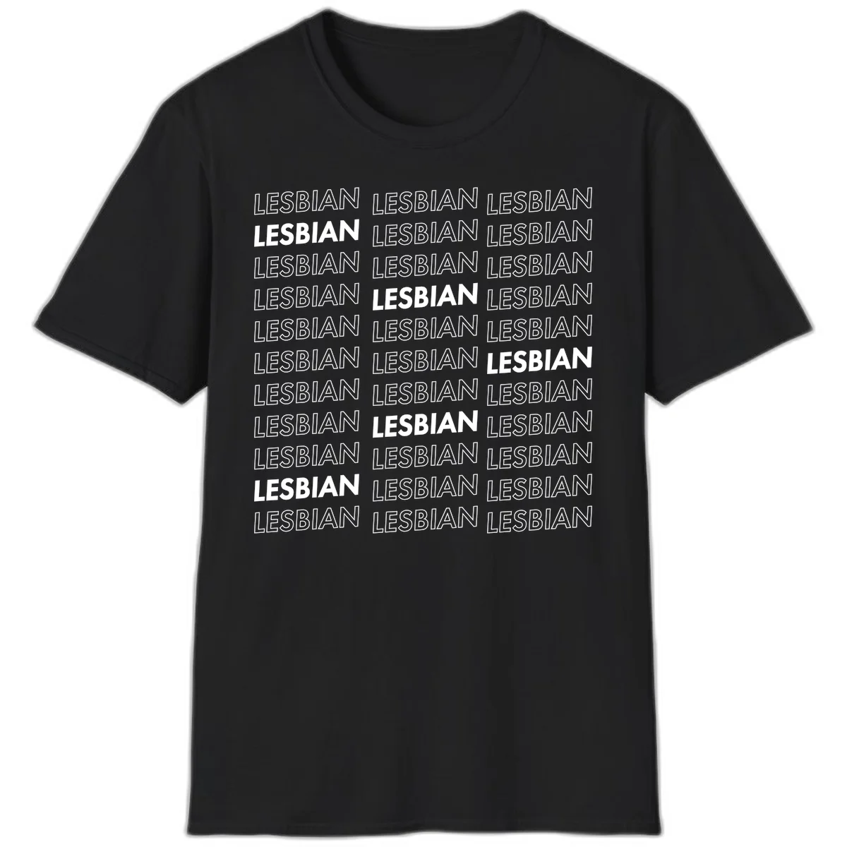 Repeating pattern of the word LESBIAN in bold white and outlined text on gray background for lesbian pride in Black