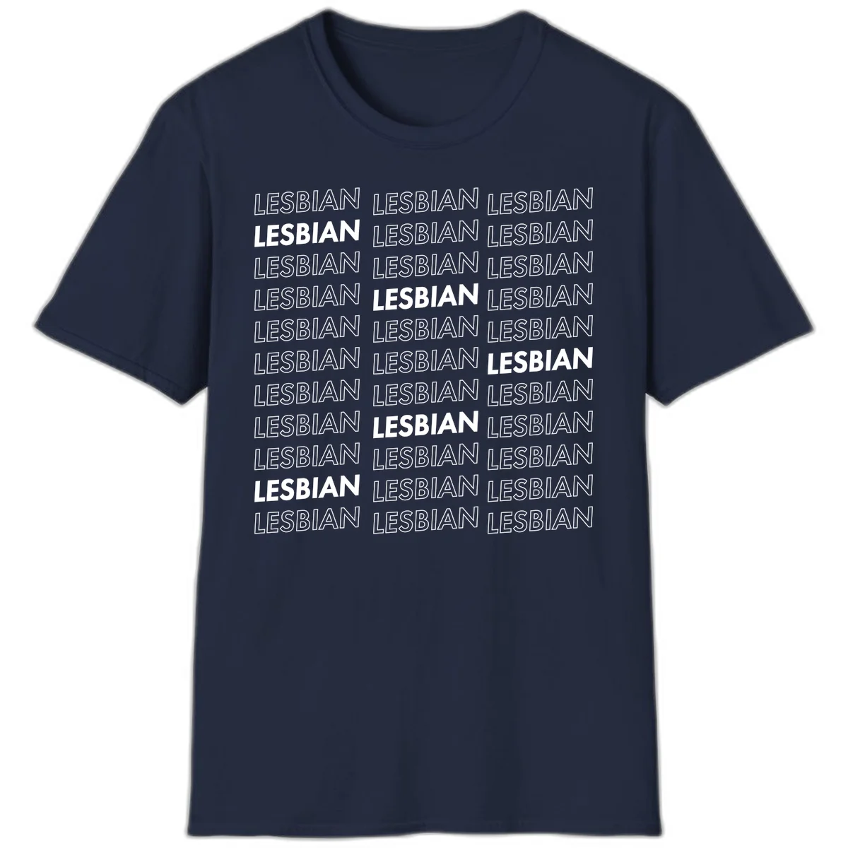 Repeating pattern of the word LESBIAN in bold white and outlined text on gray background for lesbian pride in Navy
