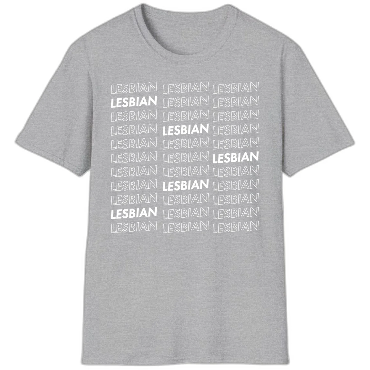 Repeating pattern of the word LESBIAN in bold white and outlined text on gray background for lesbian pride in Sport Grey
