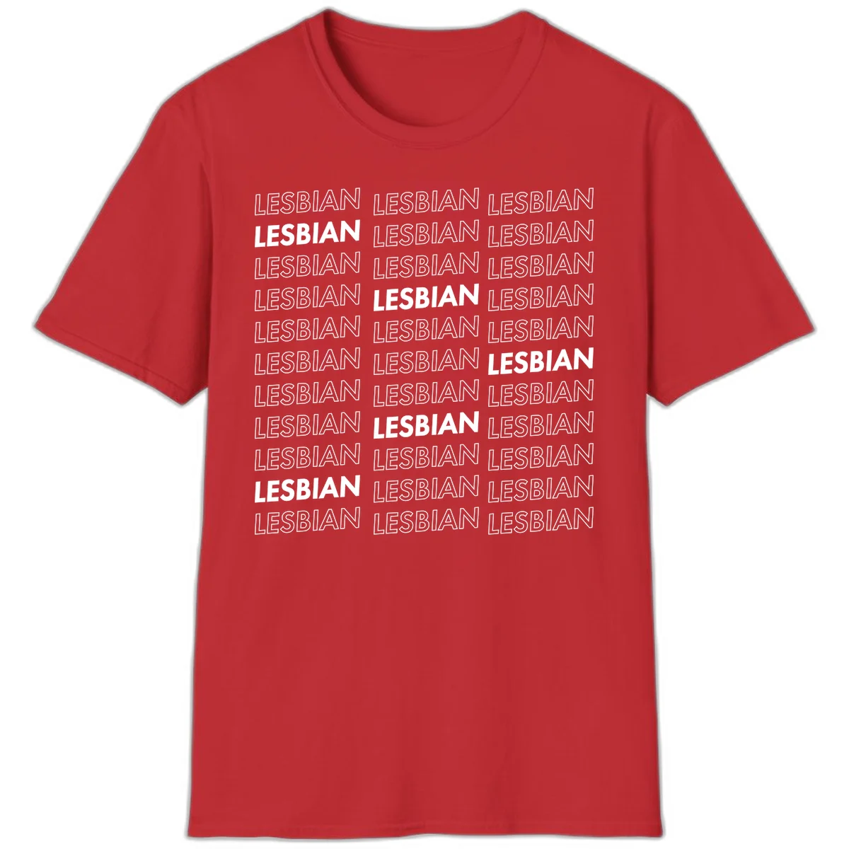 Repeating pattern of the word LESBIAN in bold white and outlined text on gray background for lesbian pride in Red