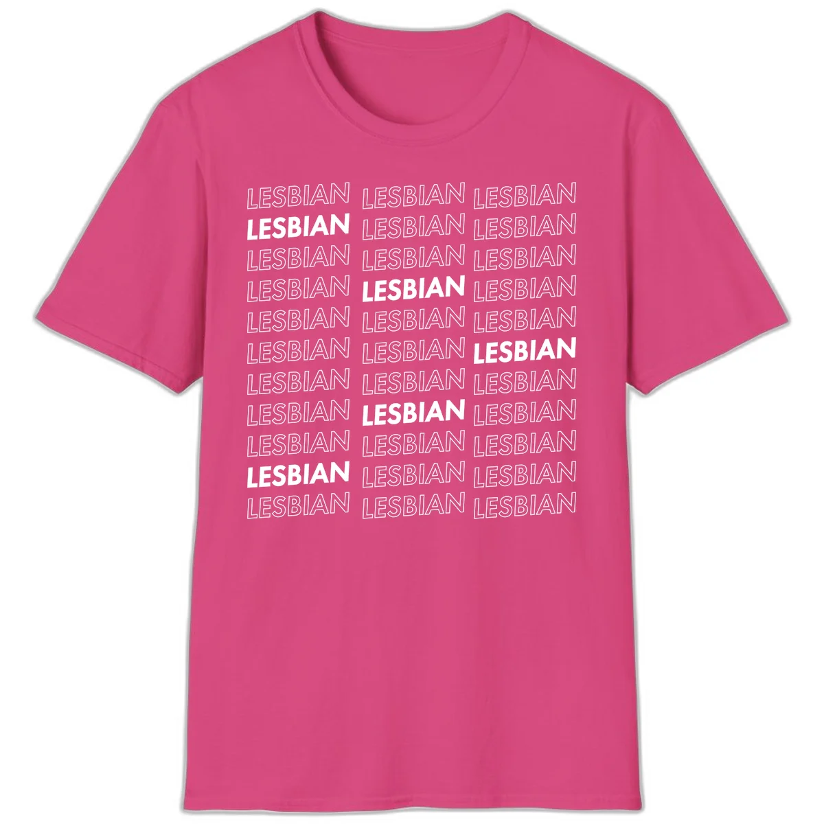 Repeating pattern of the word LESBIAN in bold white and outlined text on gray background for lesbian pride in Heliconia