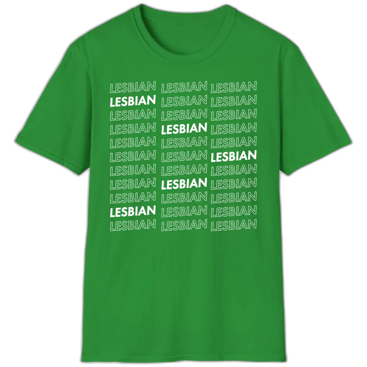 Repeating pattern of the word LESBIAN in bold white and outlined text on gray background for lesbian pride in Irish Green