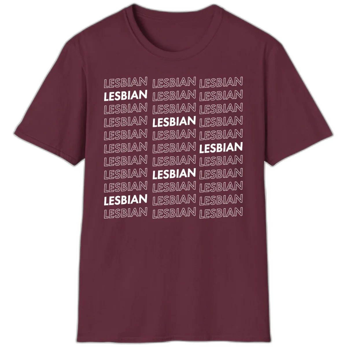 Repeating pattern of the word LESBIAN in bold white and outlined text on gray background for lesbian pride in Maroon