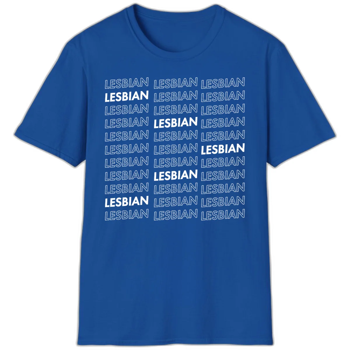 Repeating pattern of the word LESBIAN in bold white and outlined text on gray background for lesbian pride in Royal