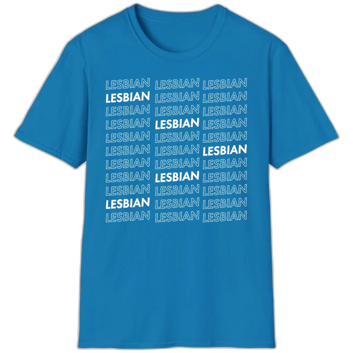 Repeating pattern of the word LESBIAN in bold white and outlined text on gray background for lesbian pride in Sapphire