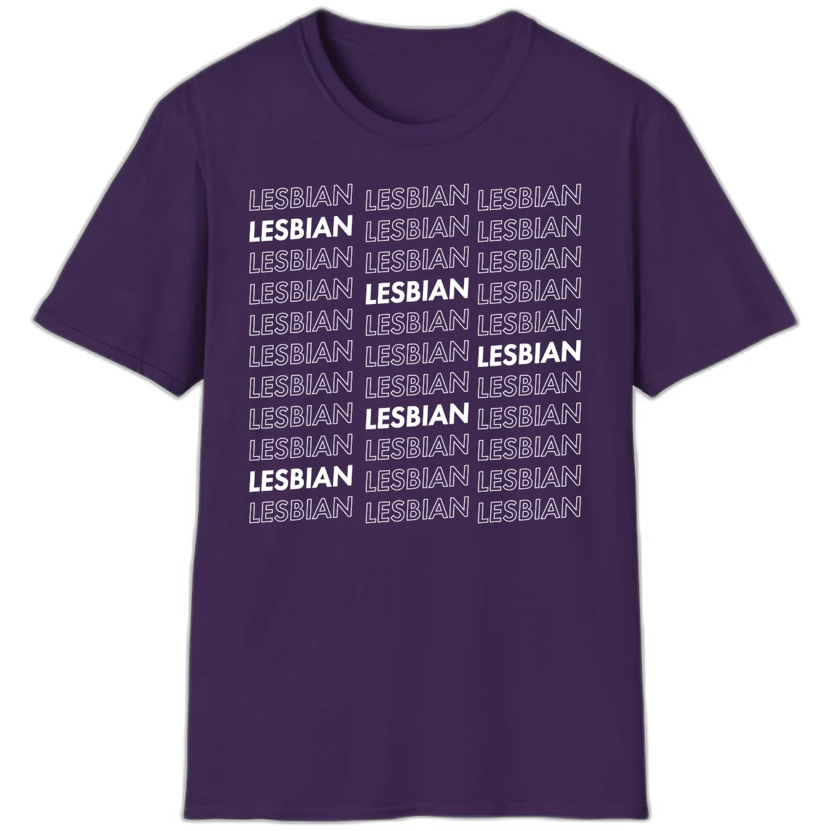 Repeating pattern of the word LESBIAN in bold white and outlined text on gray background for lesbian pride in Purple