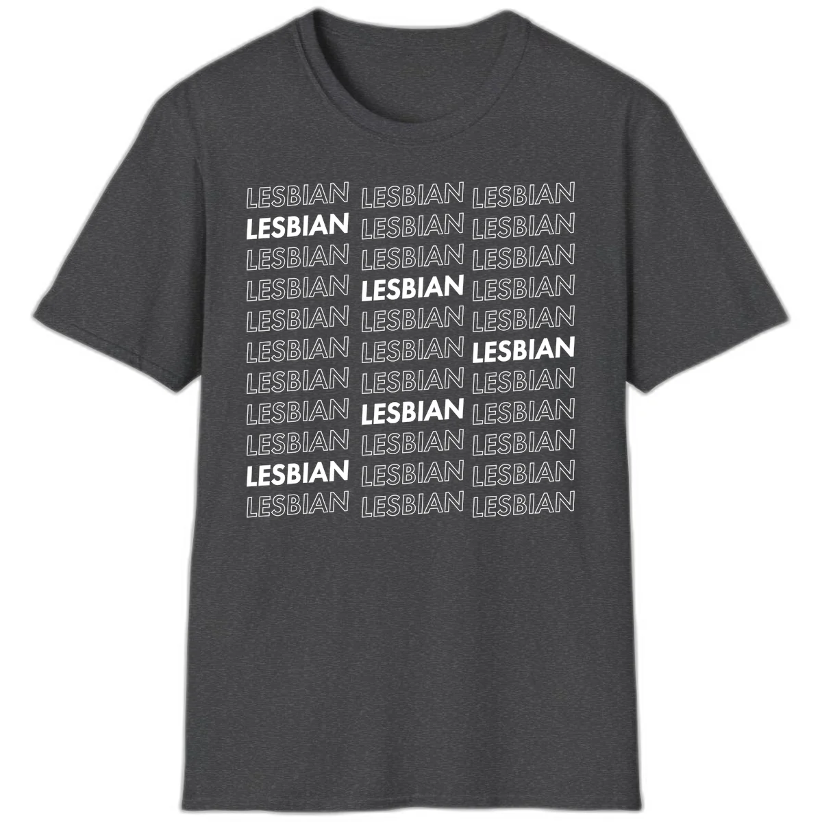 Repeating pattern of the word LESBIAN in bold white and outlined text on gray background for lesbian pride in Dark Heather