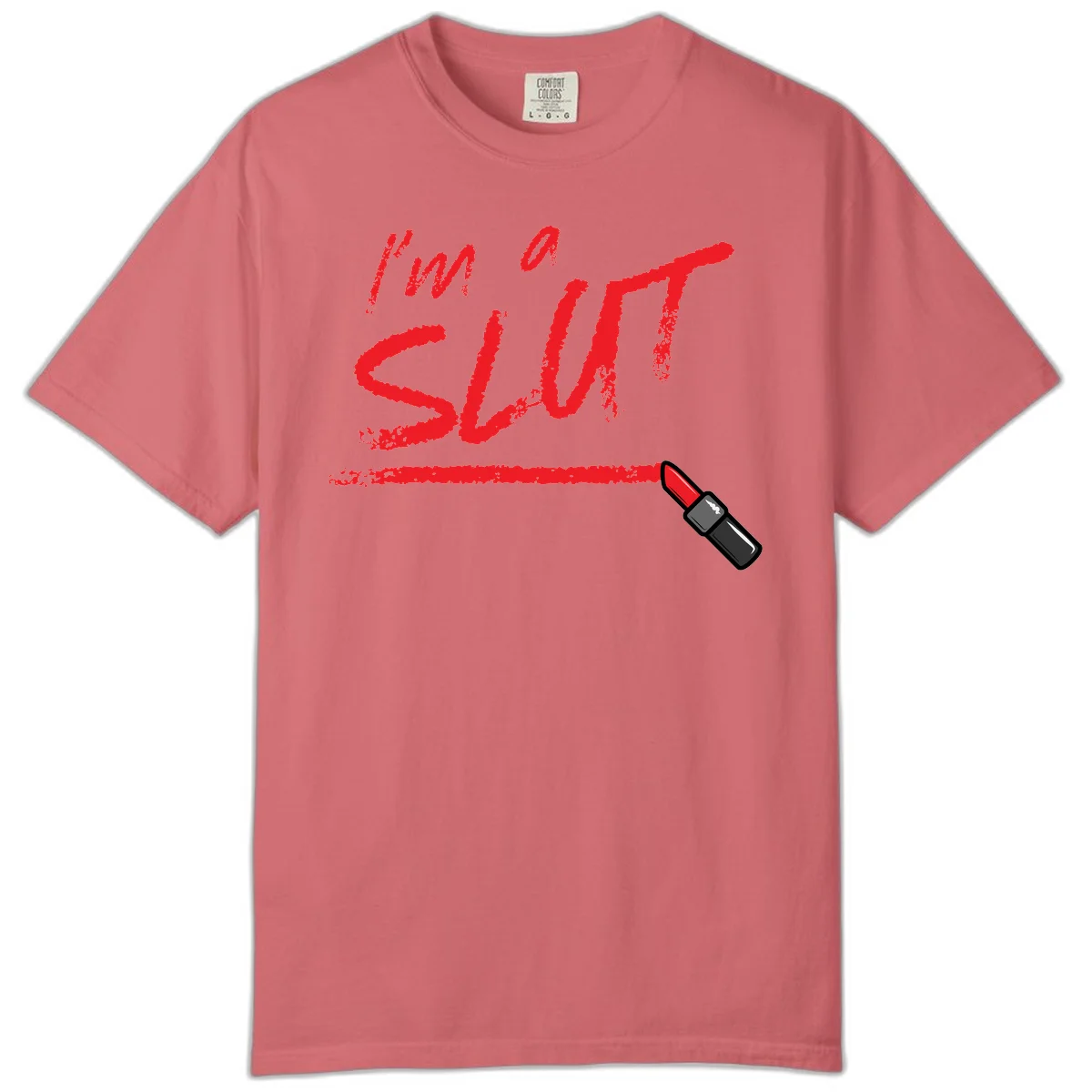 Bold red text reading 'I'm a slut' with red lipstick illustration below on gray background in Watermelon