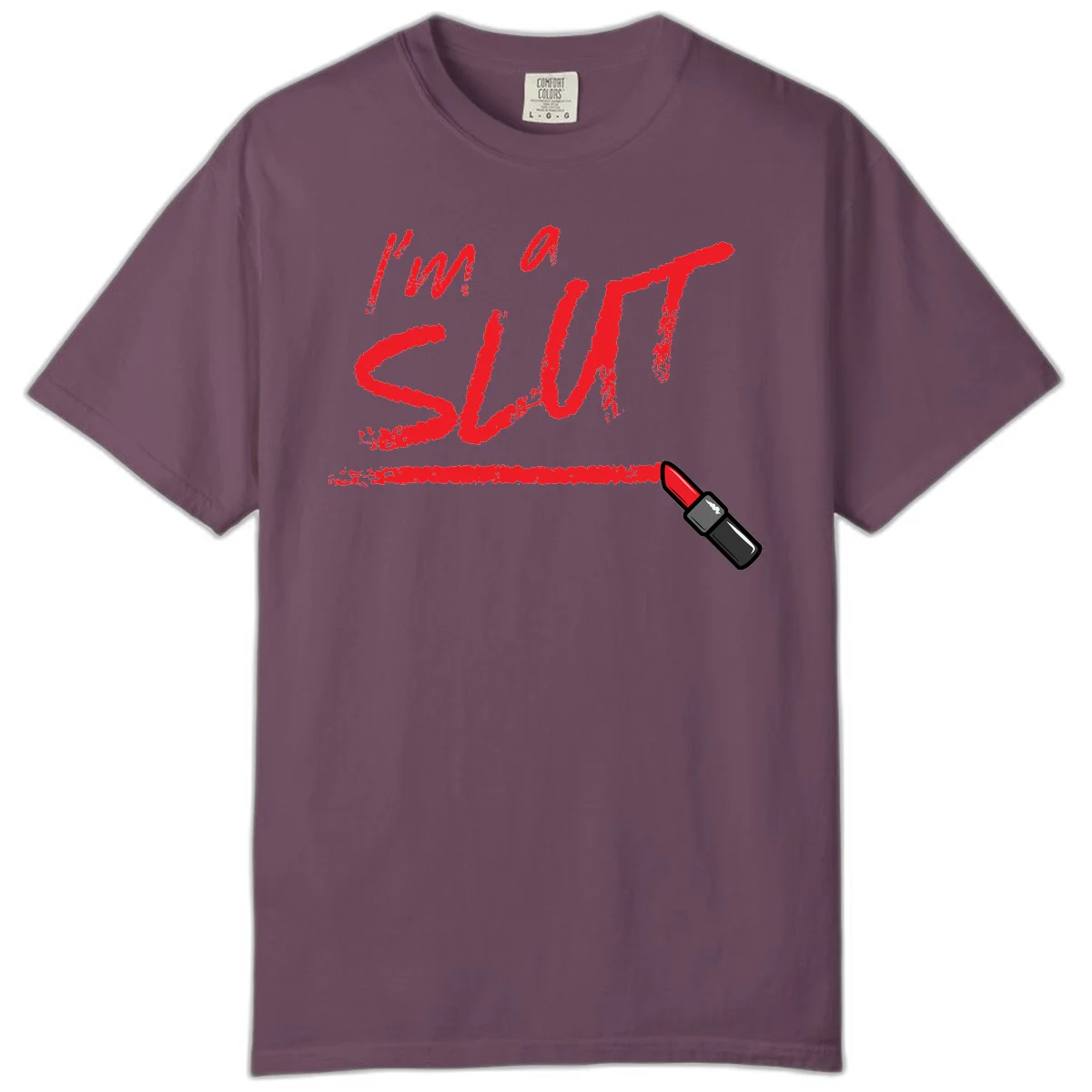 Bold red text reading 'I'm a slut' with red lipstick illustration below on gray background in Berry
