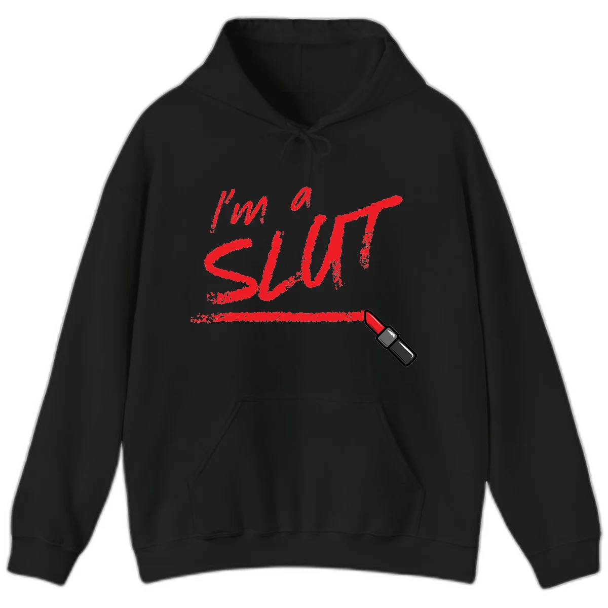 Bold red text reading 'I'm a slut' with red lipstick illustration below on gray background in Black
