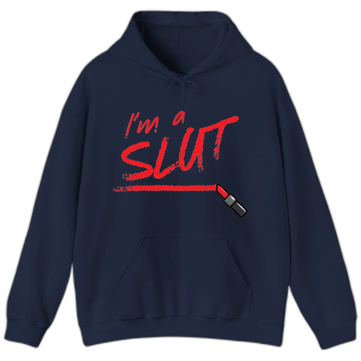 Bold red text reading 'I'm a slut' with red lipstick illustration below on gray background in Navy