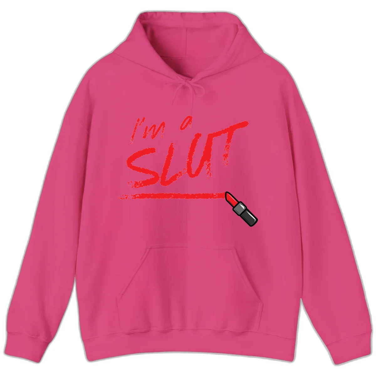 Bold red text reading 'I'm a slut' with red lipstick illustration below on gray background in Heliconia