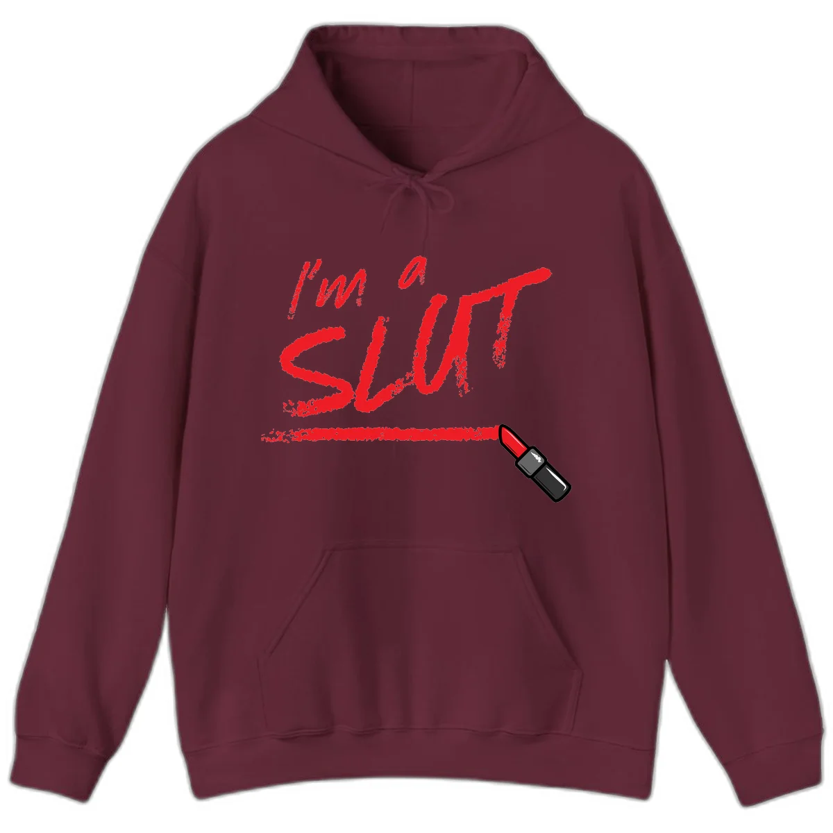 Bold red text reading 'I'm a slut' with red lipstick illustration below on gray background in Maroon